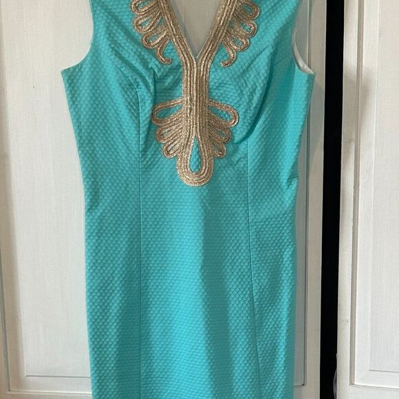 Lilly Pulitzer Janice Shift Dress in Turquoise with Gold Accents - Size 4 - Picture 1 of 9